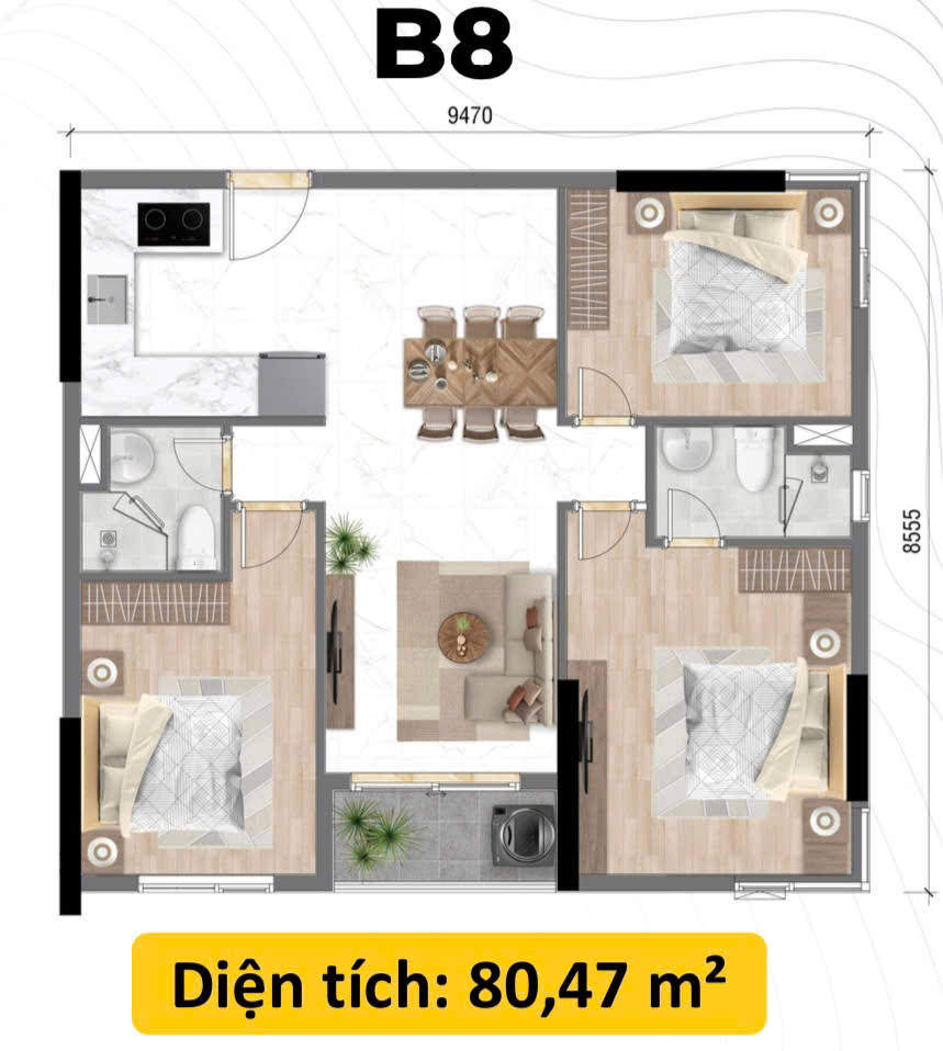thiết kế căn hô 3pn 2wc