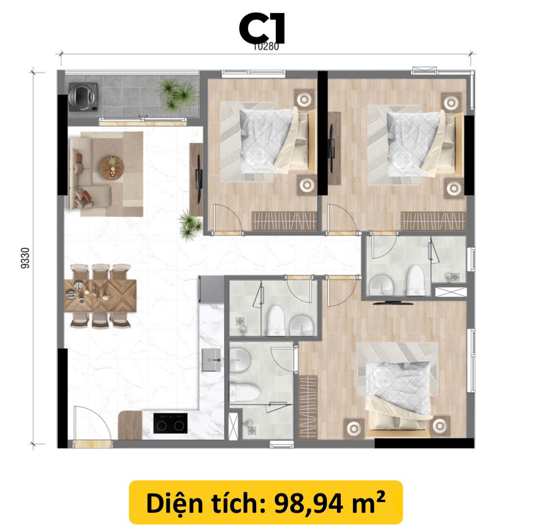 thiết kế căn hộ 3pn 3wc